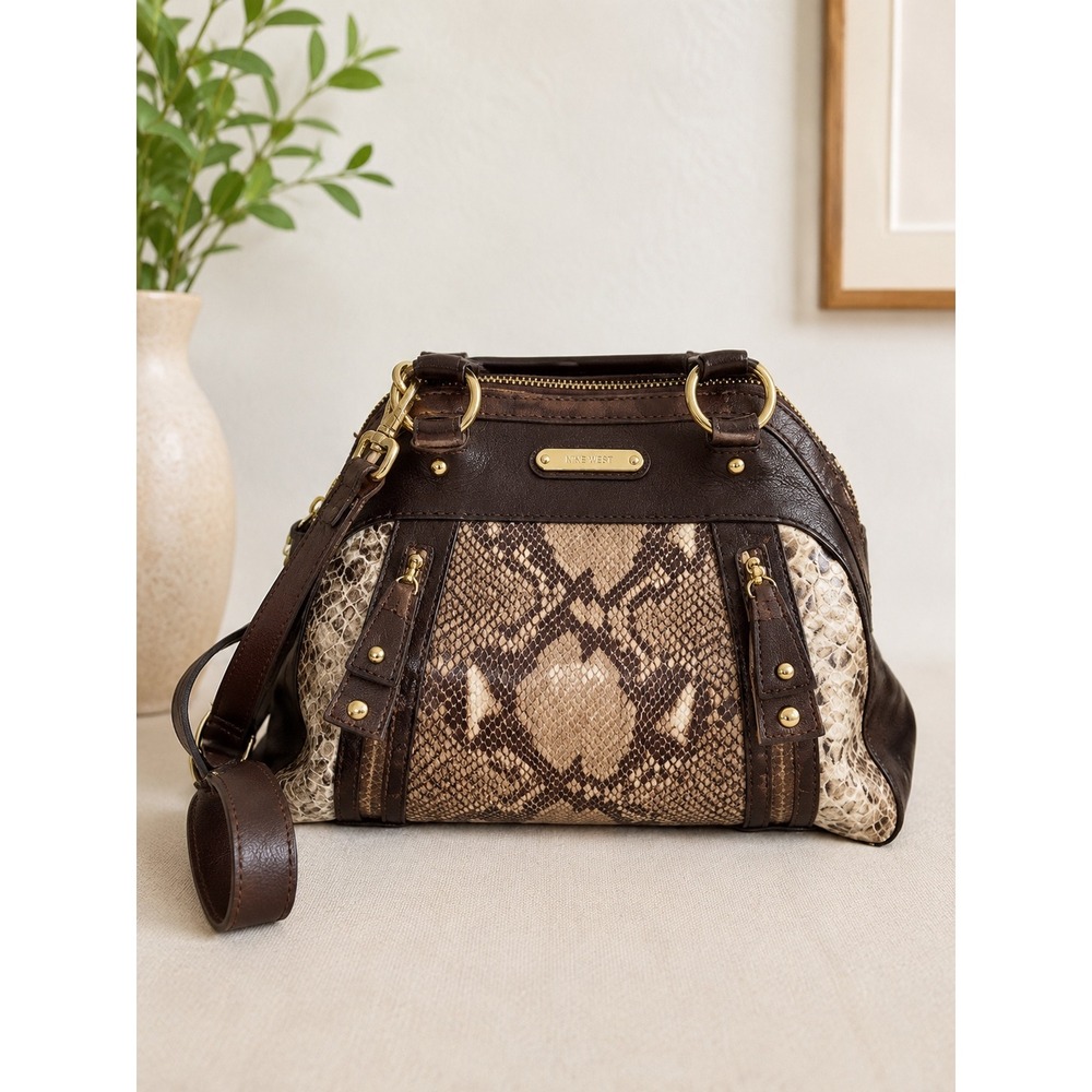 Cynthia Rowley Brown Leather Snakeskin Satchel Crossbody Bag Boho Chic